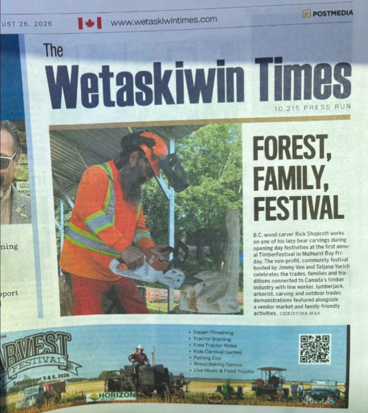Wetaskiwin Times newspaper feature on the first annual Timber Festival in Mulhurst Bay